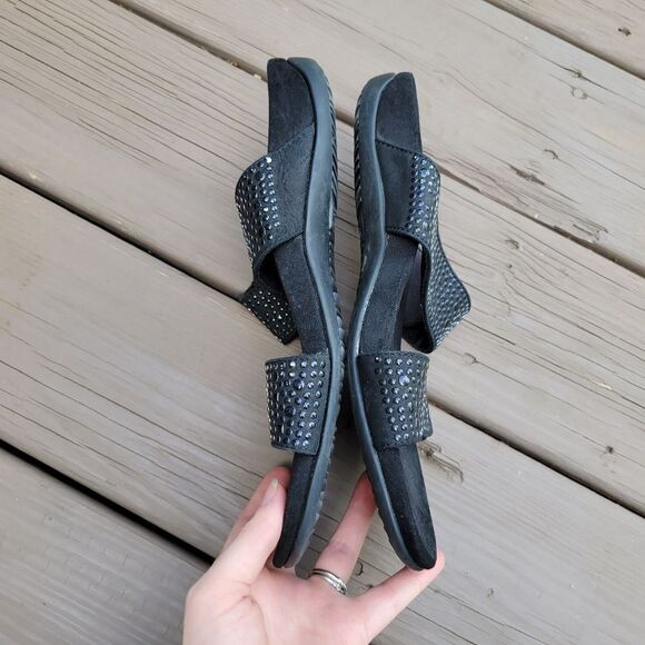 Vionic Rest Samoa Embellished Studded Black Suede Leather Double Strap Sandals - Picture 3 of 8